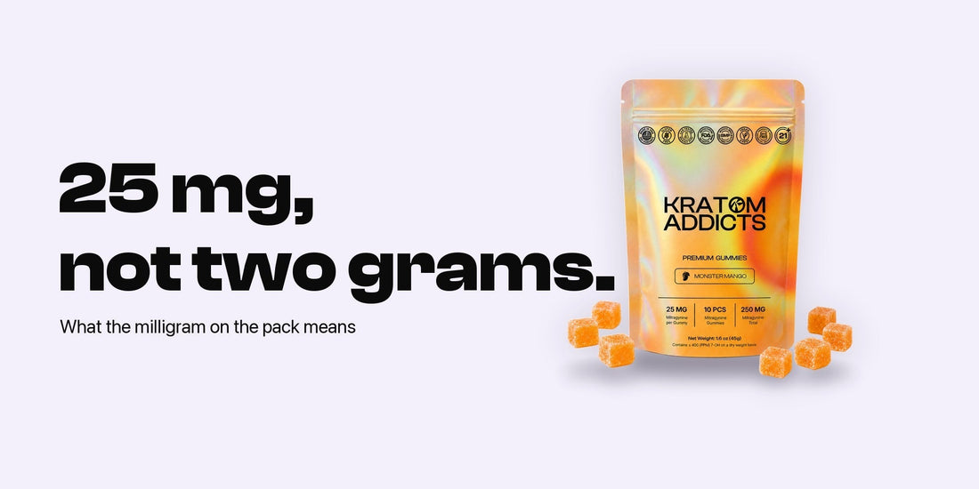 A Monster Mango kratom gummies pouch next to the words 25 mg, not two grams