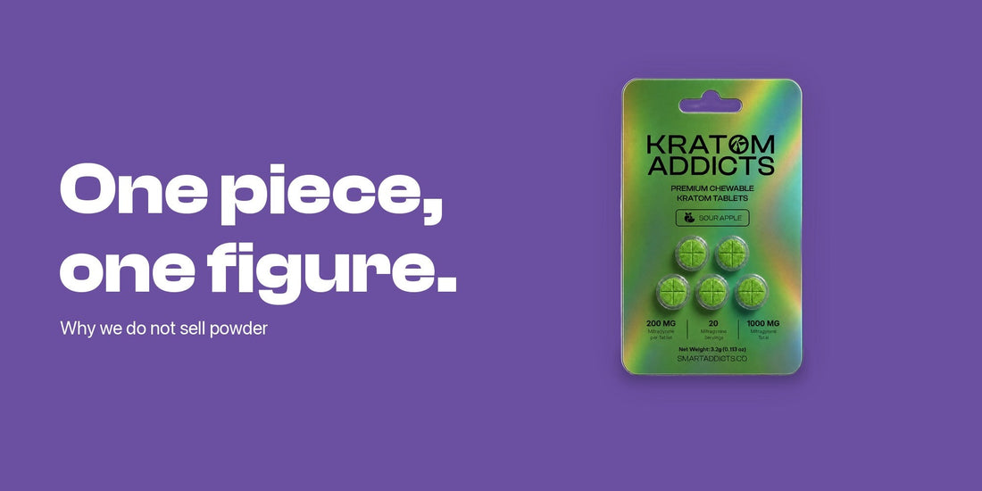 A Sour Apple kratom chewable tablets blister next to the words One piece, one figure
