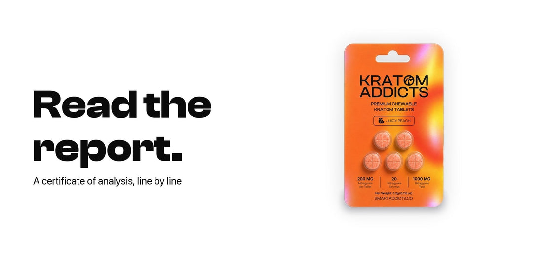 A Juicy Peach kratom chewable tablets blister next to the words Read the report
