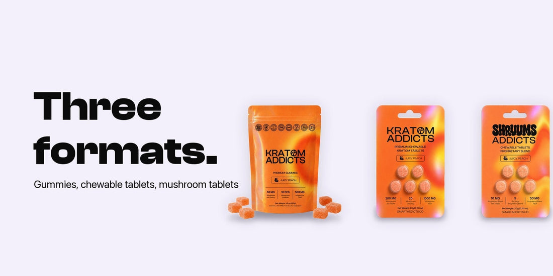 A gummies pouch and two blisters next to the words Three formats