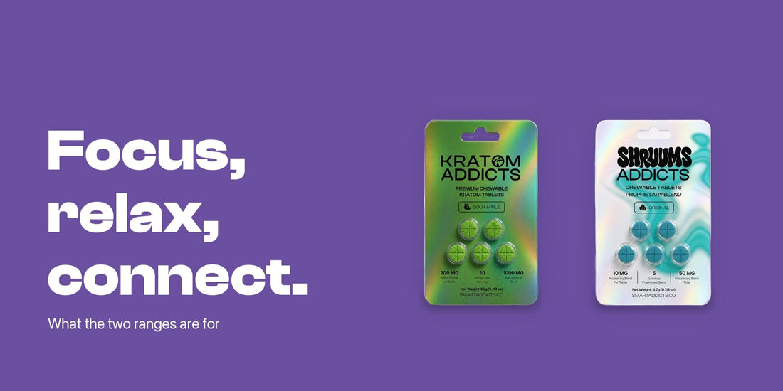 Focus, relax, connect: a Kratom Addicts tablet pack beside a Shruums Addicts tablet pack