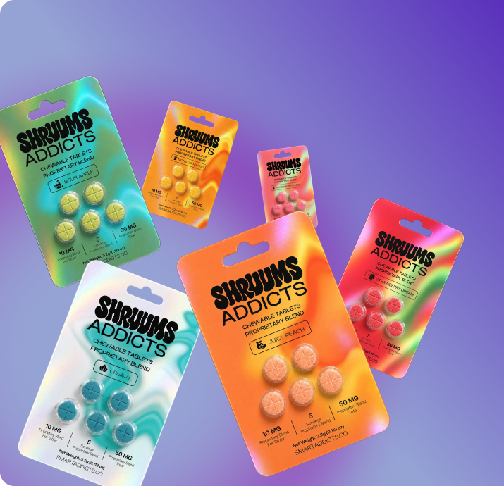 Shruums Addicts tablet packs in teal, orange and red