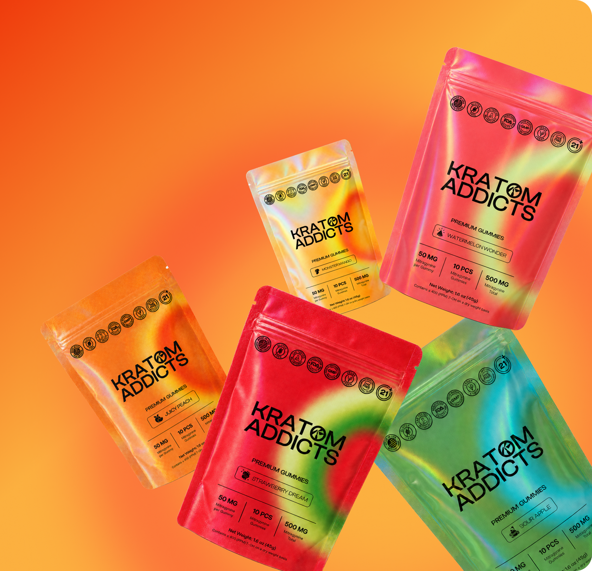 Kratom Addicts gummy packs in orange, red and green