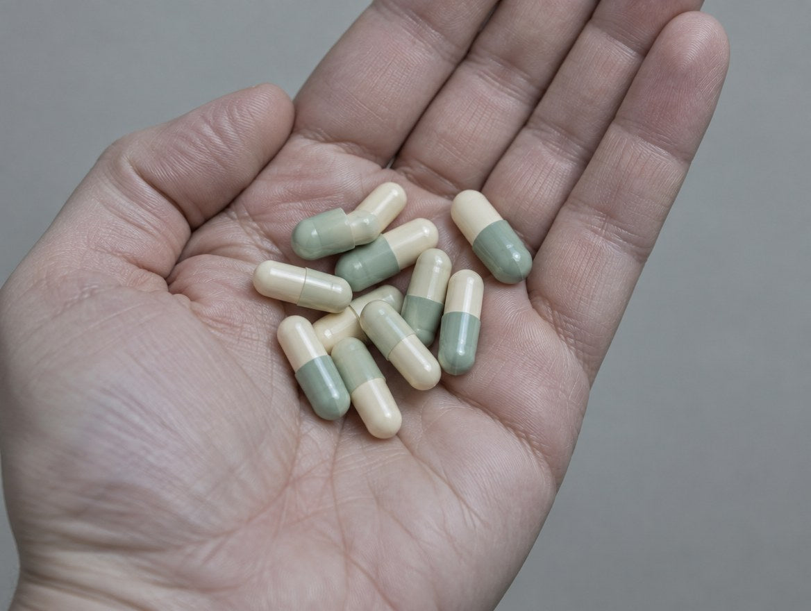An open hand holding a pile of plain capsules
