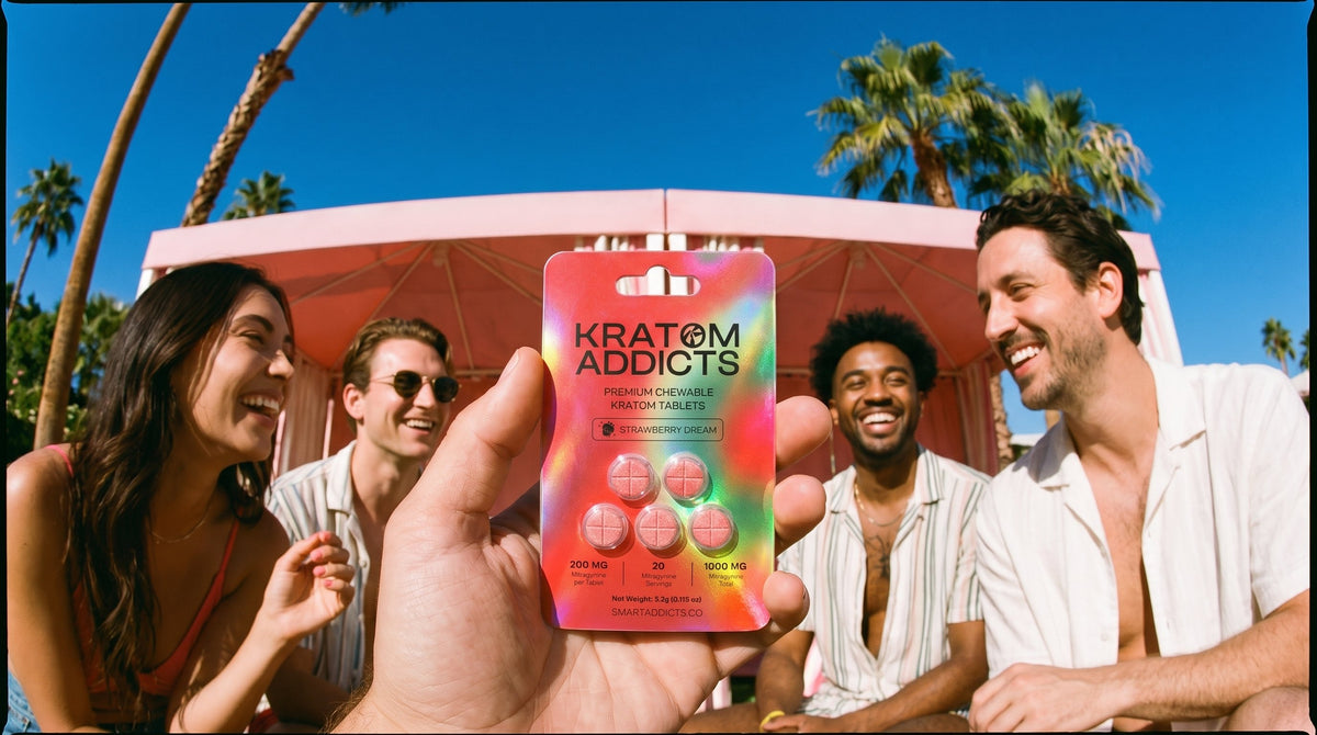 A hand holding a Kratom Addicts Strawberry Dream chewable tablet pack, with friends outdoors in the background