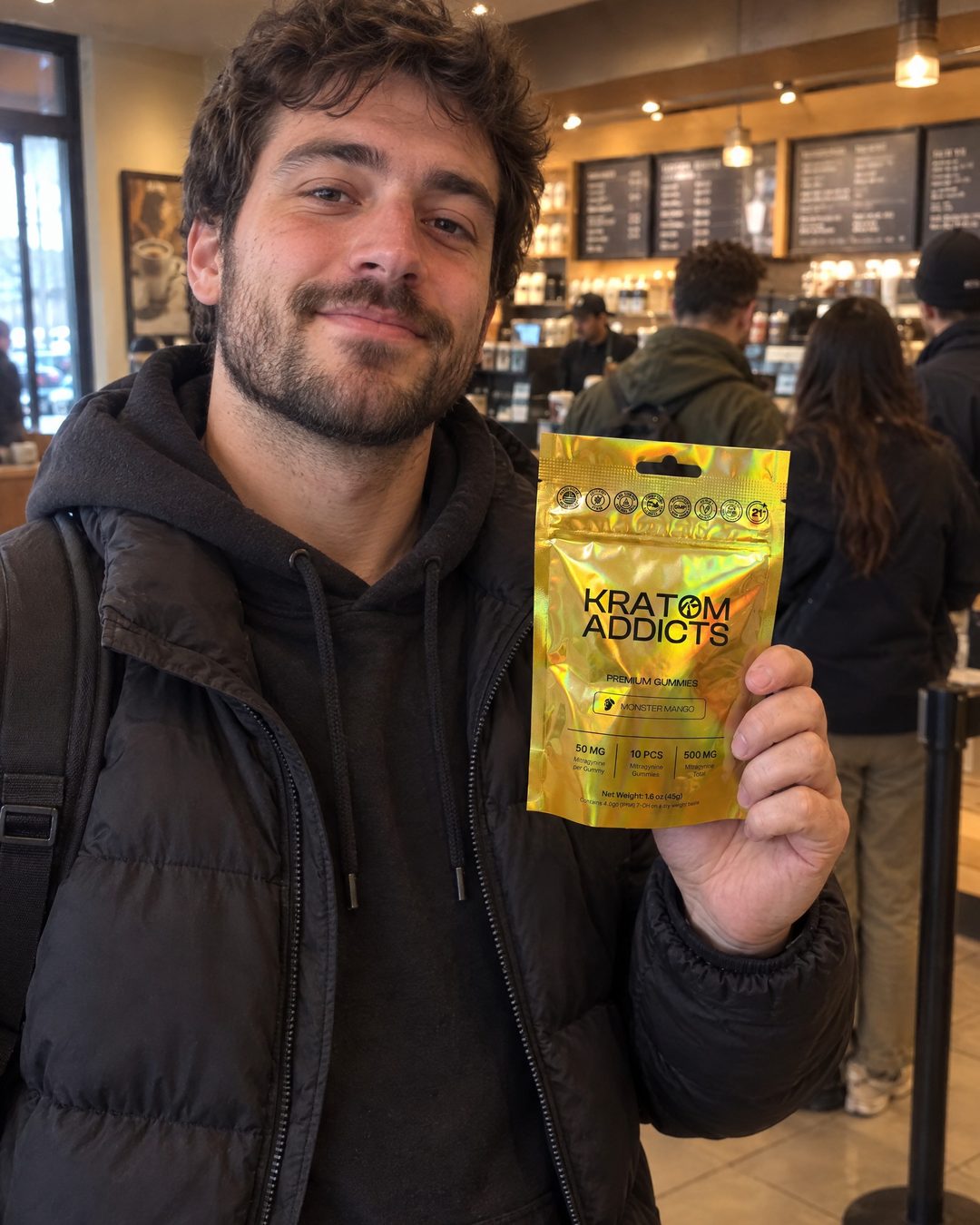 A man in a coffee shop holding Monster Mango kratom gummies