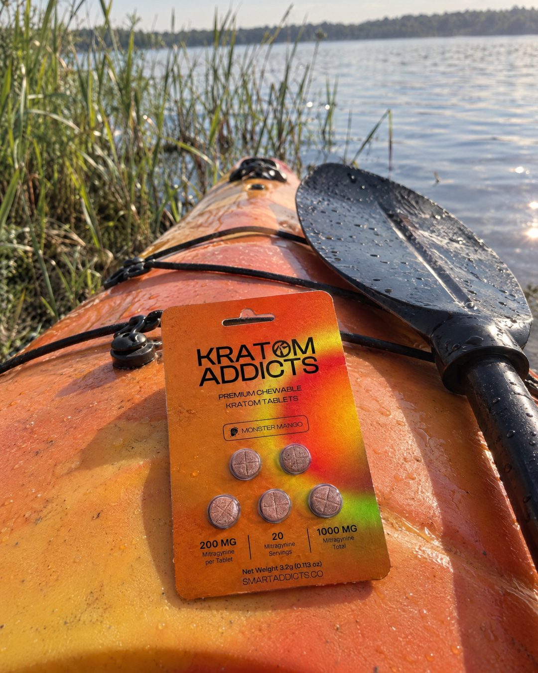 Monster Mango kratom tablets on a kayak by the water
