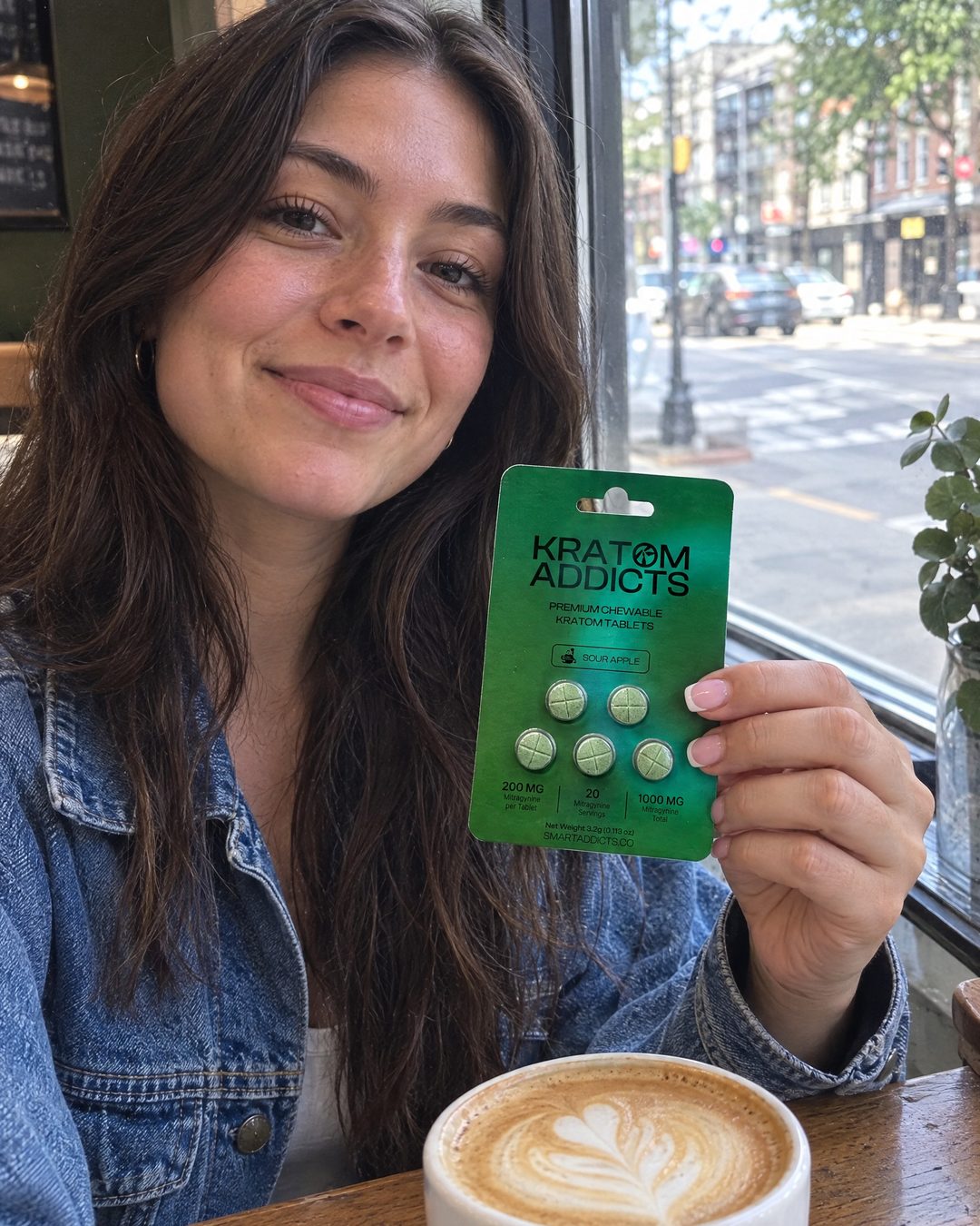 A smiling woman in a café holding Sour Apple kratom tablets