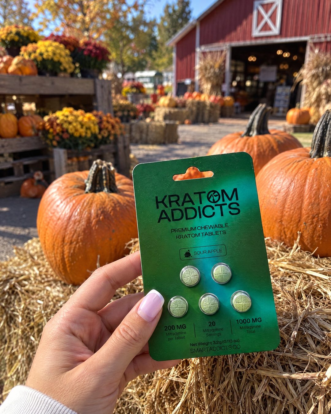 A hand holding Sour Apple kratom tablets at an autumn farm stand
