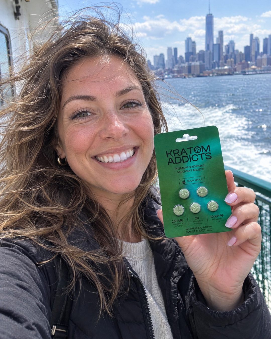 A woman on a ferry with the city behind her, holding Sour Apple kratom tablets