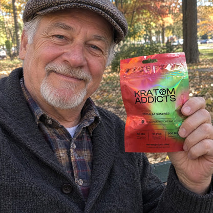 An older man in autumn holding Strawberry Dream kratom gummies