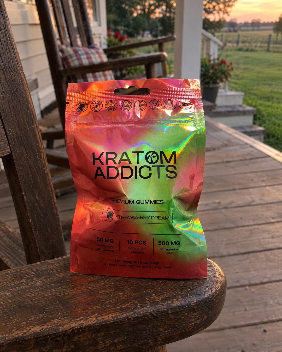 Strawberry Dream kratom gummies on a porch chair at sunset