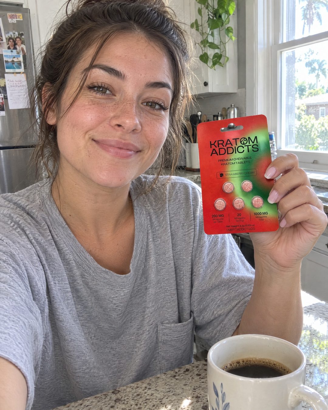 A woman at her kitchen table holding Strawberry Dream kratom tablets
