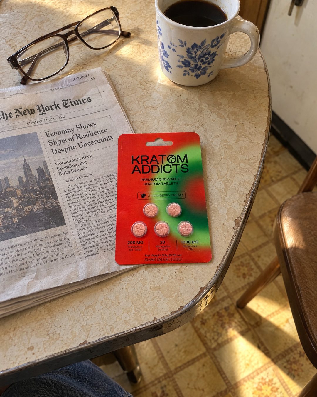 Strawberry Dream kratom tablets on a table with reading glasses, a newspaper and a mug