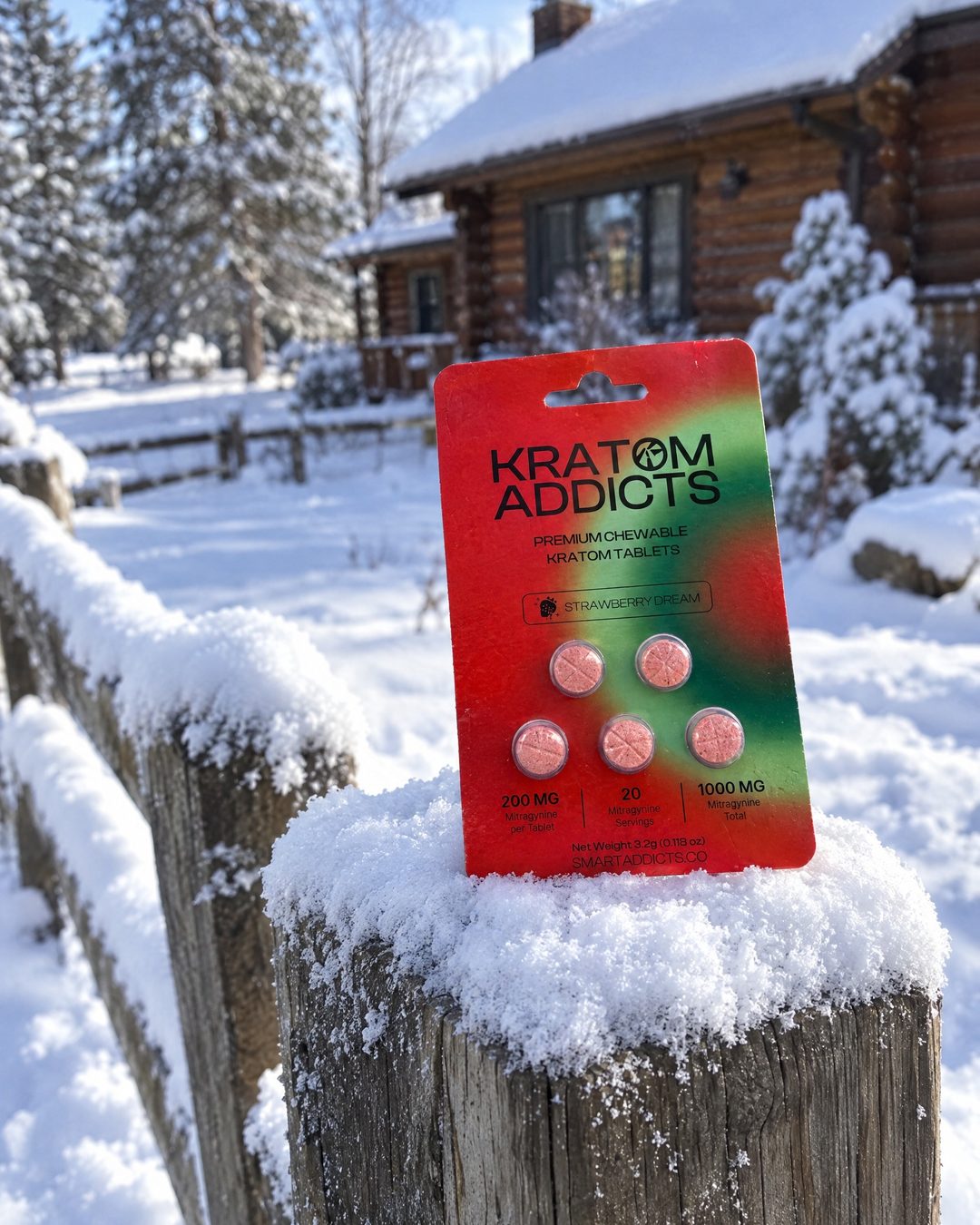 Strawberry Dream kratom tablets on a snowy post outside a cabin