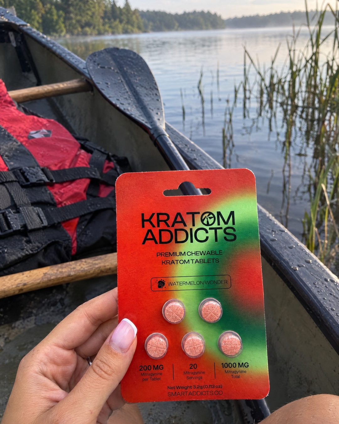A hand holding Watermelon Wonder kratom tablets in a canoe on a lake