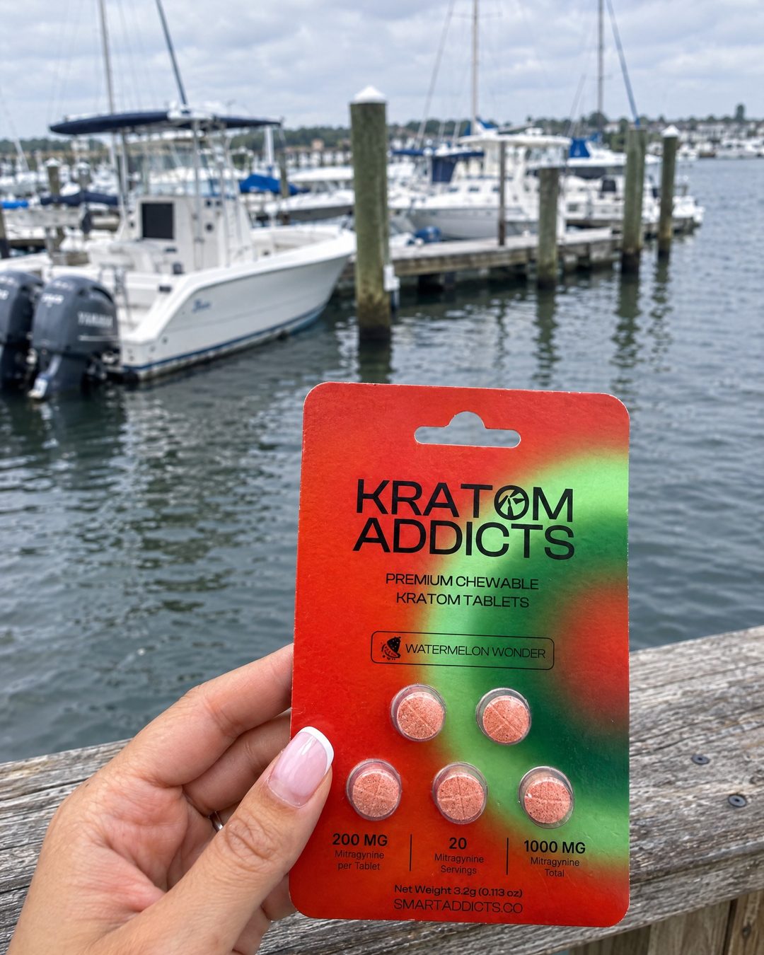 A hand holding Watermelon Wonder kratom tablets at a marina
