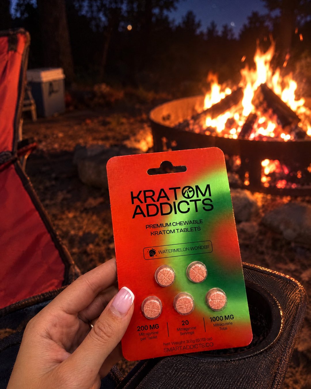A hand holding Watermelon Wonder kratom tablets by a campfire at night